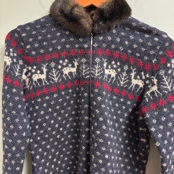 VTG Lauren Ralph Lauren Women Wool Faux Fur Sweater Jacket Size P Old Money Deer - Picture 2 of 12